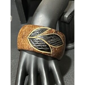 Hand Carved Coconut Shell Leaf Bangle Bracelet  Boho Tropical Eco Chic Wide 8.5"